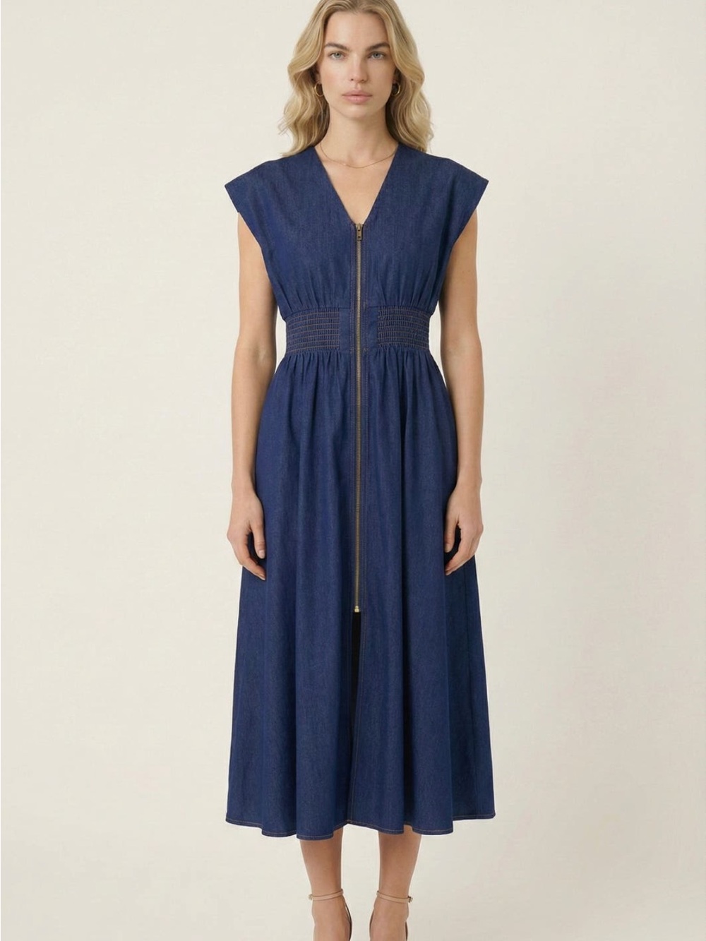 Sleeveless V-Neck Midi Dress with Front Zip in Navy